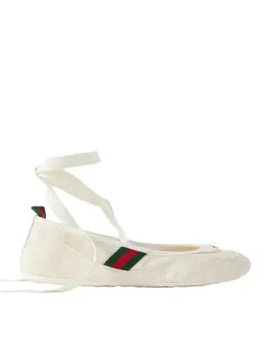 Gucci Shift Webbing-trimmed Canvas-jacquard And Suede Ballet Flats | Thumbnail 1 Gucci Shift Webbing-trimmed Canvas-jacquard And Suede Ballet Flats | Thumbnail 1
