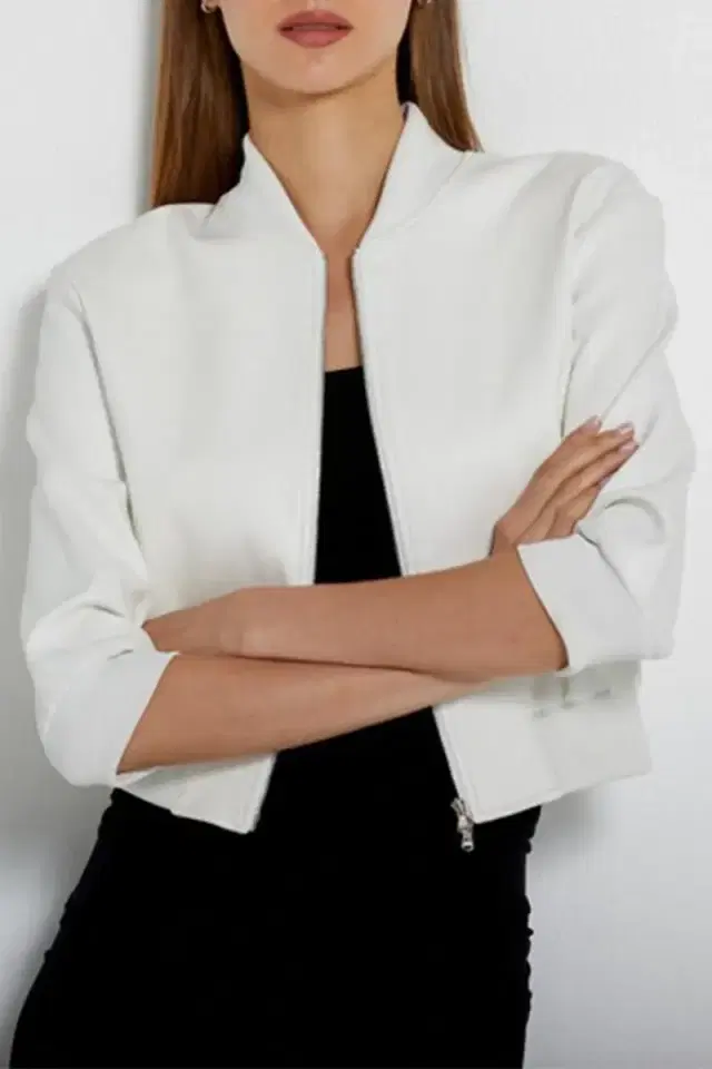 Three Quarter Sleeve Bomber Jacket - White Three Quarter Sleeve Bomber Jacket - White