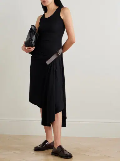 Loewe Asymmetric Leather-trimmed Ribbed Cotton-blend Jersey Dress | Thumbnail 2 Loewe Asymmetric Leather-trimmed Ribbed Cotton-blend Jersey Dress | Thumbnail 2