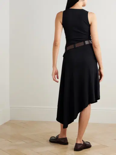 Loewe Asymmetric Leather-trimmed Ribbed Cotton-blend Jersey Dress | Thumbnail 3 Loewe Asymmetric Leather-trimmed Ribbed Cotton-blend Jersey Dress | Thumbnail 3