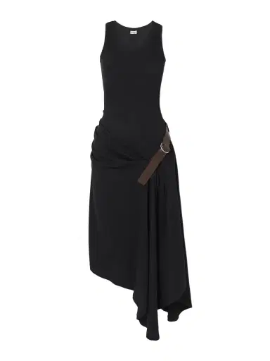 Loewe Asymmetric Leather-trimmed Ribbed Cotton-blend Jersey Dress | Thumbnail 1 Loewe Asymmetric Leather-trimmed Ribbed Cotton-blend Jersey Dress | Thumbnail 1