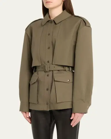 Saint Laurent Belted Long-Sleeve Button-Down Jacket | Thumbnail 4 Saint Laurent Belted Long-Sleeve Button-Down Jacket | Thumbnail 4