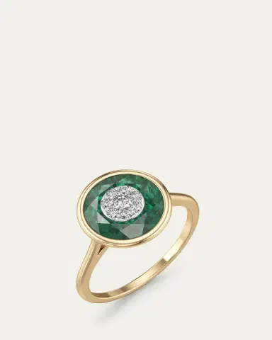 Bhansali One Collection 10mm Round Fusion Emerald Bezel Ring in 18K Yellow Gold with Diamonds, Size | Thumbnail 2 Bhansali One Collection 10mm Round Fusion Emerald Bezel Ring in 18K Yellow Gold with Diamonds, Size | Thumbnail 2