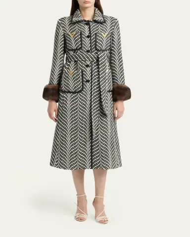 Valentino Garavani Lamb Shearling Cuff Belted Herringbone Coat | Thumbnail 2 Valentino Garavani Lamb Shearling Cuff Belted Herringbone Coat | Thumbnail 2