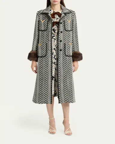 Valentino Garavani Lamb Shearling Cuff Belted Herringbone Coat | Thumbnail 4 Valentino Garavani Lamb Shearling Cuff Belted Herringbone Coat | Thumbnail 4