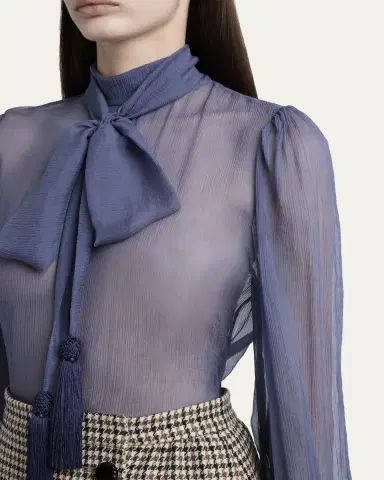 Valentino Garavani Tassel Bow-Neck Crinkle Chiffon Blouse | Thumbnail 5 Valentino Garavani Tassel Bow-Neck Crinkle Chiffon Blouse | Thumbnail 5