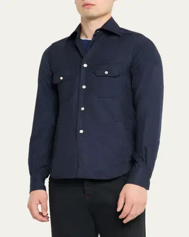 Kiton Men's Cashmere Twill Double-Pocket Button-Down Shirt | Thumbnail 4 Kiton Men's Cashmere Twill Double-Pocket Button-Down Shirt | Thumbnail 4