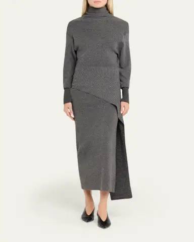 Lanvin Side Drape Long-Sleeve Wool-Cashmere Midi Sweater Dress | Thumbnail 2 Lanvin Side Drape Long-Sleeve Wool-Cashmere Midi Sweater Dress | Thumbnail 2
