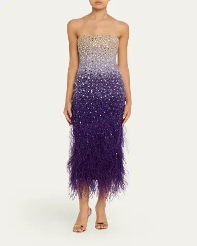 Pamella Roland Signature Sequined Ombré Feather-Trim Gown | Thumbnail 2 Pamella Roland Signature Sequined Ombré Feather-Trim Gown | Thumbnail 2