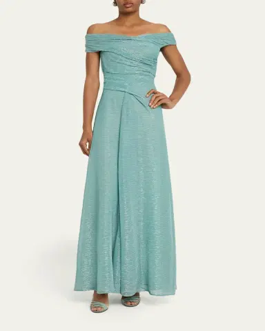Talbot Runhof Draped Off-The-Shoulder Metallic Plisse Gown | Thumbnail 2 Talbot Runhof Draped Off-The-Shoulder Metallic Plisse Gown | Thumbnail 2