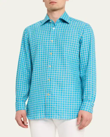 Kiton Men's Linen-Blend Plaid Button-Down Shirt | Thumbnail 4 Kiton Men's Linen-Blend Plaid Button-Down Shirt | Thumbnail 4