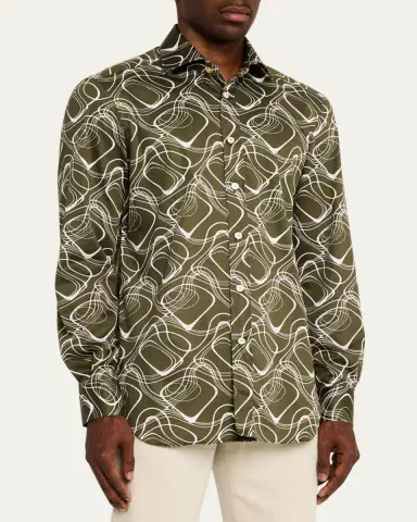 Kiton Men's Cotton Wave-Print Sport Shirt | Thumbnail 4 Kiton Men's Cotton Wave-Print Sport Shirt | Thumbnail 4