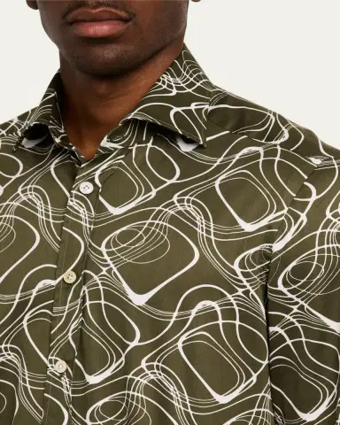 Kiton Men's Cotton Wave-Print Sport Shirt | Thumbnail 5 Kiton Men's Cotton Wave-Print Sport Shirt | Thumbnail 5