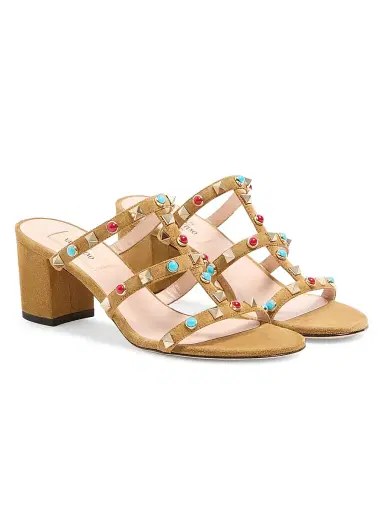 Valentino Garavani Women's Rockstud Slide Sandals in Suede with Cabochon Stones 60MM - Havana Beige - Size 5 | Thumbnail 2 Valentino Garavani Women's Rockstud Slide Sandals in Suede with Cabochon Stones 60MM - Havana Beige - Size 5 | Thumbnail 2