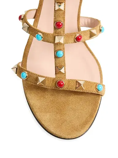 Valentino Garavani Women's Rockstud Slide Sandals in Suede with Cabochon Stones 60MM - Havana Beige - Size 5 | Thumbnail 5 Valentino Garavani Women's Rockstud Slide Sandals in Suede with Cabochon Stones 60MM - Havana Beige - Size 5 | Thumbnail 5