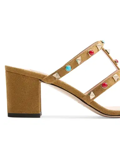 Valentino Garavani Women's Rockstud Slide Sandals in Suede with Cabochon Stones 60MM - Havana Beige - Size 5 | Thumbnail 6 Valentino Garavani Women's Rockstud Slide Sandals in Suede with Cabochon Stones 60MM - Havana Beige - Size 5 | Thumbnail 6