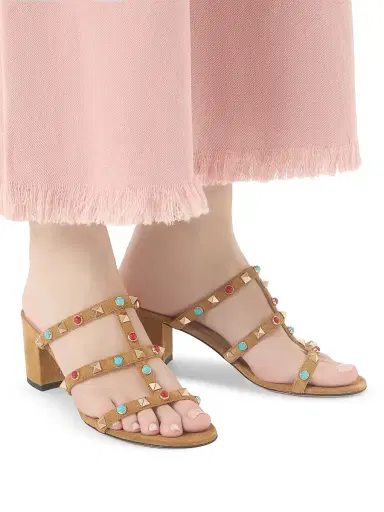 Valentino Garavani Women's Rockstud Slide Sandals in Suede with Cabochon Stones 60MM - Havana Beige - Size 5 | Thumbnail 7 Valentino Garavani Women's Rockstud Slide Sandals in Suede with Cabochon Stones 60MM - Havana Beige - Size 5 | Thumbnail 7