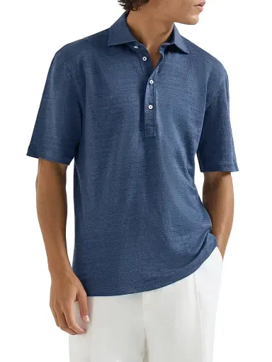 Brunello Cucinelli Men's Linen and Cotton Mélange Jersey Polo with Shirt Style Collar - Denim | Thumbnail 2 Brunello Cucinelli Men's Linen and Cotton Mélange Jersey Polo with Shirt Style Collar - Denim | Thumbnail 2