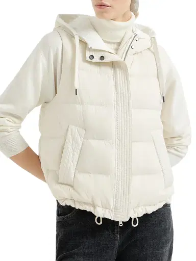Brunello Cucinelli Women's Lightweight Matte Nylon Down Vest with Hood and Shiny Trim - Milk | Thumbnail 2 Brunello Cucinelli Women's Lightweight Matte Nylon Down Vest with Hood and Shiny Trim - Milk | Thumbnail 2
