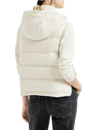 Brunello Cucinelli Women's Lightweight Matte Nylon Down Vest with Hood and Shiny Trim - Milk | Thumbnail 3 Brunello Cucinelli Women's Lightweight Matte Nylon Down Vest with Hood and Shiny Trim - Milk | Thumbnail 3