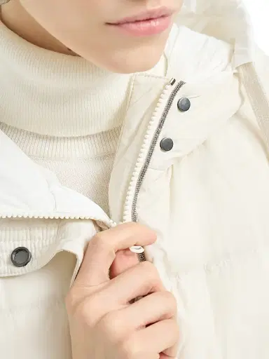 Brunello Cucinelli Women's Lightweight Matte Nylon Down Vest with Hood and Shiny Trim - Milk | Thumbnail 5 Brunello Cucinelli Women's Lightweight Matte Nylon Down Vest with Hood and Shiny Trim - Milk | Thumbnail 5