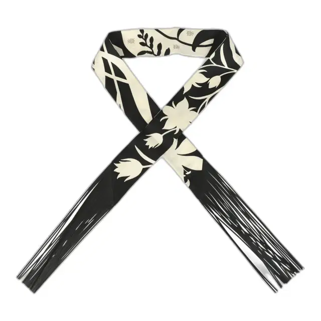 Hermes "Bouquet Final" Cream and Black Fringe Silk Twilly Hermes "Bouquet Final" Cream and Black Fringe Silk Twilly