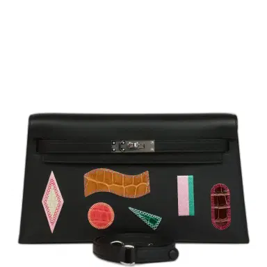 HERMÈS Hermes Kelly Elan Broderie Black Bet-Tab Swift, Niloticus Crocodile and Alligator Palladium Hardware | Thumbnail 1 HERMÈS Hermes Kelly Elan Broderie Black Bet-Tab Swift, Niloticus Crocodile and Alligator Palladium Hardware | Thumbnail 1