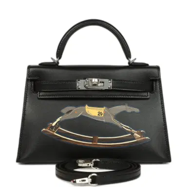 HERMÈS Hermes Kelly Sellier 20 "Cheval De Bois" Black and Multi Tadelakt Palladium Hardware | Thumbnail 1 HERMÈS Hermes Kelly Sellier 20 "Cheval De Bois" Black and Multi Tadelakt Palladium Hardware | Thumbnail 1