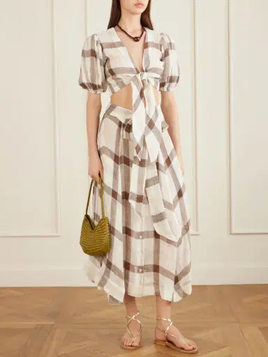 Lisa Marie Fernandez Tie-detailed Checked Linen-blend Gauze Midi Skirt | Thumbnail 2 Lisa Marie Fernandez Tie-detailed Checked Linen-blend Gauze Midi Skirt | Thumbnail 2