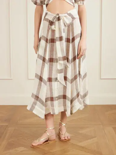 Lisa Marie Fernandez Tie-detailed Checked Linen-blend Gauze Midi Skirt | Thumbnail 3 Lisa Marie Fernandez Tie-detailed Checked Linen-blend Gauze Midi Skirt | Thumbnail 3