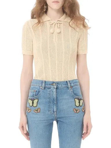 Valentino Garavani Women's Embroidered Cotton Knit Polo Shirt - Ivory - Size XL | Thumbnail 2 Valentino Garavani Women's Embroidered Cotton Knit Polo Shirt - Ivory - Size XL | Thumbnail 2