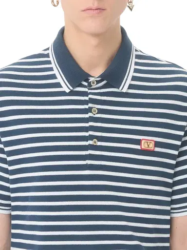 Valentino Garavani Men's Cotton Piqué Polo with VLogo Patch - White Blue | Thumbnail 5 Valentino Garavani Men's Cotton Piqué Polo with VLogo Patch - White Blue | Thumbnail 5