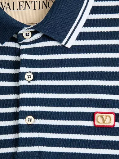 Valentino Garavani Men's Cotton Piqué Polo with VLogo Patch - White Blue | Thumbnail 6 Valentino Garavani Men's Cotton Piqué Polo with VLogo Patch - White Blue | Thumbnail 6