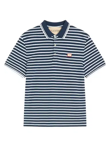 Valentino Garavani Men's Cotton Piqué Polo with VLogo Patch - White Blue | Thumbnail 1 Valentino Garavani Men's Cotton Piqué Polo with VLogo Patch - White Blue | Thumbnail 1