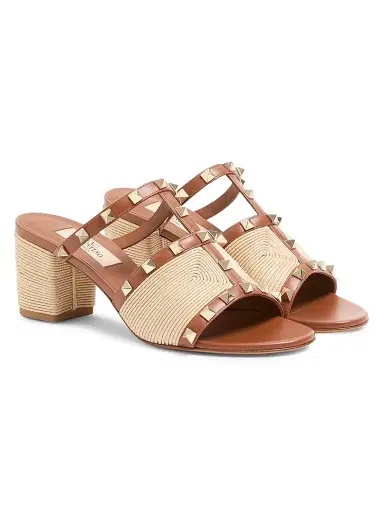 Valentino Garavani Women's Rockstud 0MM Slide Sandals in Calfskin with Cornely Embroidery - Saddle Brown Natural | Thumbnail 2 Valentino Garavani Women's Rockstud 0MM Slide Sandals in Calfskin with Cornely Embroidery - Saddle Brown Natural | Thumbnail 2