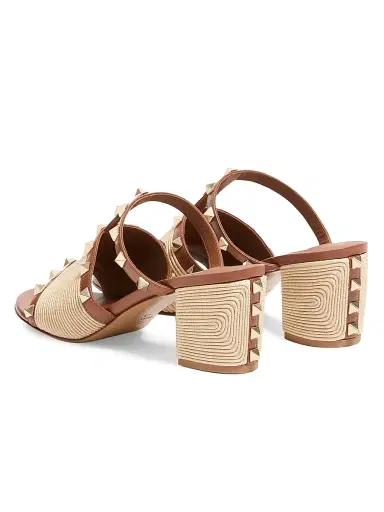Valentino Garavani Women's Rockstud 0MM Slide Sandals in Calfskin with Cornely Embroidery - Saddle Brown Natural | Thumbnail 3 Valentino Garavani Women's Rockstud 0MM Slide Sandals in Calfskin with Cornely Embroidery - Saddle Brown Natural | Thumbnail 3