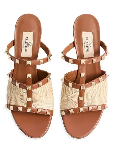 Valentino Garavani Women's Rockstud 0MM Slide Sandals in Calfskin with Cornely Embroidery - Saddle Brown Natural | Thumbnail 4 Valentino Garavani Women's Rockstud 0MM Slide Sandals in Calfskin with Cornely Embroidery - Saddle Brown Natural | Thumbnail 4