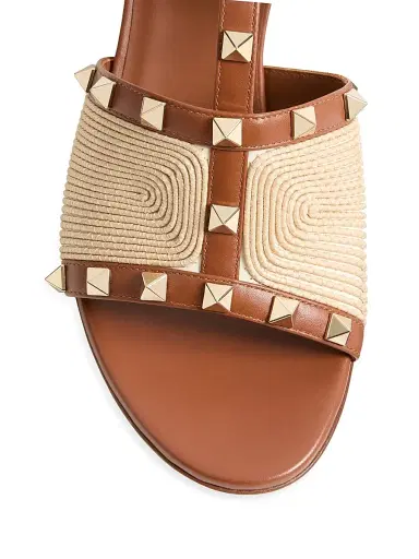 Valentino Garavani Women's Rockstud 0MM Slide Sandals in Calfskin with Cornely Embroidery - Saddle Brown Natural | Thumbnail 5 Valentino Garavani Women's Rockstud 0MM Slide Sandals in Calfskin with Cornely Embroidery - Saddle Brown Natural | Thumbnail 5