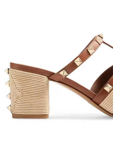 Valentino Garavani Women's Rockstud 0MM Slide Sandals in Calfskin with Cornely Embroidery - Saddle Brown Natural | Thumbnail 6 Valentino Garavani Women's Rockstud 0MM Slide Sandals in Calfskin with Cornely Embroidery - Saddle Brown Natural | Thumbnail 6