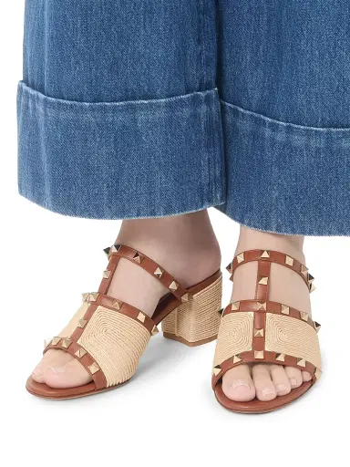Valentino Garavani Women's Rockstud 0MM Slide Sandals in Calfskin with Cornely Embroidery - Saddle Brown Natural | Thumbnail 7 Valentino Garavani Women's Rockstud 0MM Slide Sandals in Calfskin with Cornely Embroidery - Saddle Brown Natural | Thumbnail 7