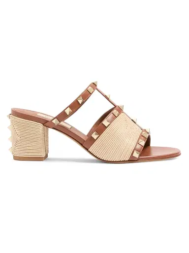 Valentino Garavani Women's Rockstud 0MM Slide Sandals in Calfskin with Cornely Embroidery - Saddle Brown Natural | Thumbnail 1 Valentino Garavani Women's Rockstud 0MM Slide Sandals in Calfskin with Cornely Embroidery - Saddle Brown Natural | Thumbnail 1