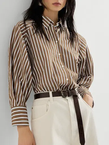 Brunello Cucinelli Women's Cotton Shadow Stripe Poplin Shirt with Monili - Brown | Thumbnail 5 Brunello Cucinelli Women's Cotton Shadow Stripe Poplin Shirt with Monili - Brown | Thumbnail 5