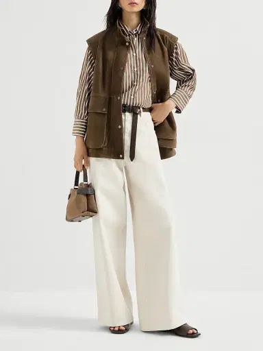 Brunello Cucinelli Women's Cotton Shadow Stripe Poplin Shirt with Monili - Brown | Thumbnail 6 Brunello Cucinelli Women's Cotton Shadow Stripe Poplin Shirt with Monili - Brown | Thumbnail 6