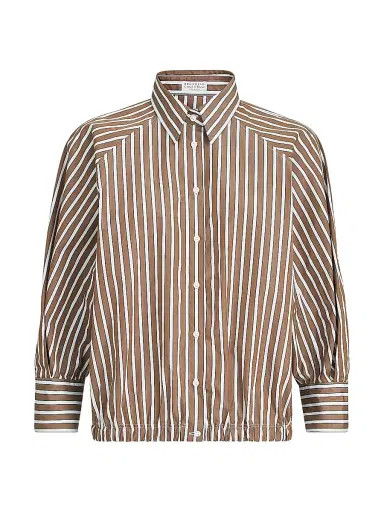 Brunello Cucinelli Women's Cotton Shadow Stripe Poplin Shirt with Monili - Brown | Thumbnail 1 Brunello Cucinelli Women's Cotton Shadow Stripe Poplin Shirt with Monili - Brown | Thumbnail 1