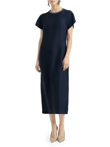 Brunello Cucinelli Women's Viscose and Linen Fluid Twill Dress with Precious Collar - Blue - Size Large | Thumbnail 2 Brunello Cucinelli Women's Viscose and Linen Fluid Twill Dress with Precious Collar - Blue - Size Large | Thumbnail 2