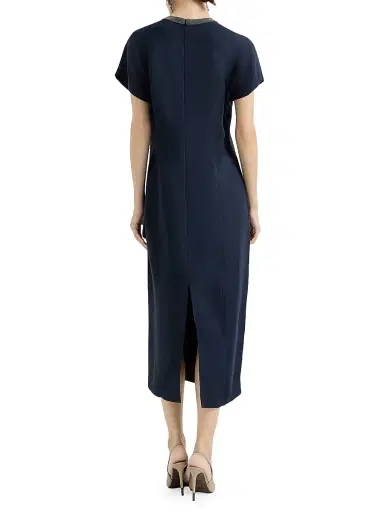 Brunello Cucinelli Women's Viscose and Linen Fluid Twill Dress with Precious Collar - Blue - Size Large | Thumbnail 3 Brunello Cucinelli Women's Viscose and Linen Fluid Twill Dress with Precious Collar - Blue - Size Large | Thumbnail 3