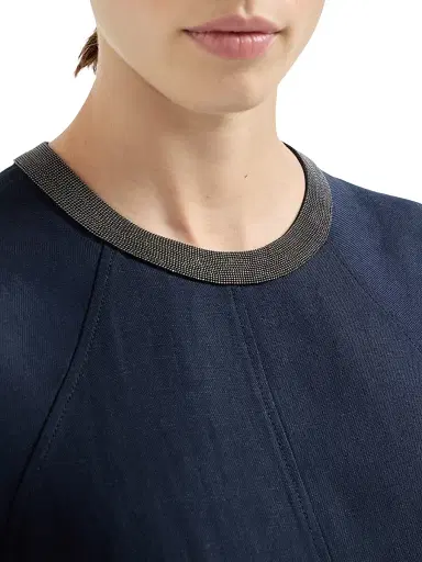 Brunello Cucinelli Women's Viscose and Linen Fluid Twill Dress with Precious Collar - Blue - Size Large | Thumbnail 4 Brunello Cucinelli Women's Viscose and Linen Fluid Twill Dress with Precious Collar - Blue - Size Large | Thumbnail 4