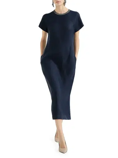 Brunello Cucinelli Women's Viscose and Linen Fluid Twill Dress with Precious Collar - Blue - Size Large | Thumbnail 5 Brunello Cucinelli Women's Viscose and Linen Fluid Twill Dress with Precious Collar - Blue - Size Large | Thumbnail 5