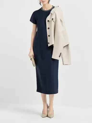 Brunello Cucinelli Women's Viscose and Linen Fluid Twill Dress with Precious Collar - Blue - Size Large | Thumbnail 6 Brunello Cucinelli Women's Viscose and Linen Fluid Twill Dress with Precious Collar - Blue - Size Large | Thumbnail 6