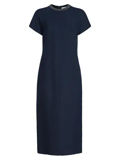 Brunello Cucinelli Women's Viscose and Linen Fluid Twill Dress with Precious Collar - Blue - Size Large | Thumbnail 1 Brunello Cucinelli Women's Viscose and Linen Fluid Twill Dress with Precious Collar - Blue - Size Large | Thumbnail 1